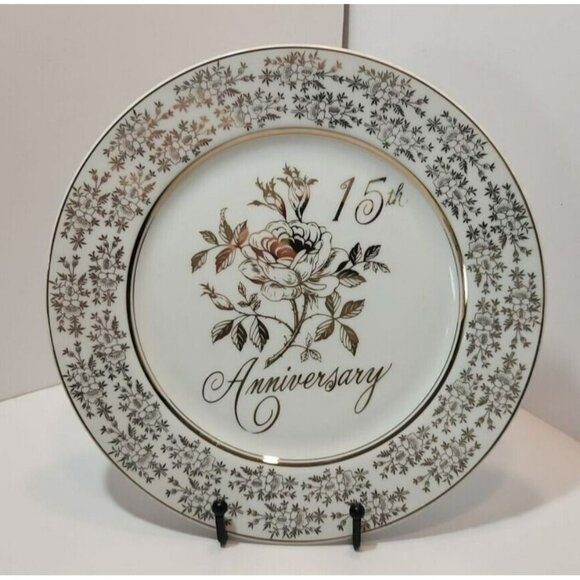 Vintage Norcrest Gold Floral 15th Anniversary Collector Plate Great Gift Couples - Picture 1 of 10